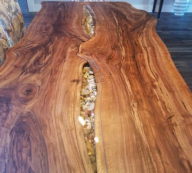 Solid board table at bench