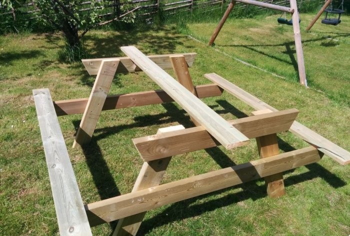 Eenvoudige tafel met banken voor in de tuin