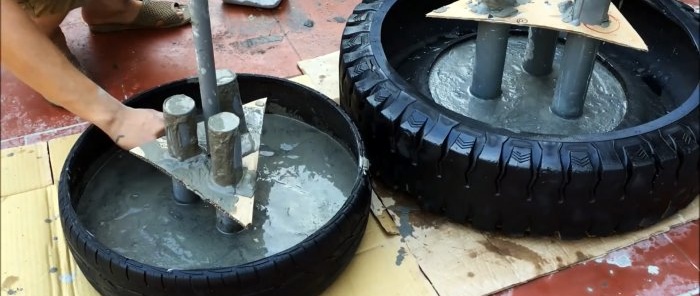 Como fazer uma fonte de jardim de três níveis com pneus velhos