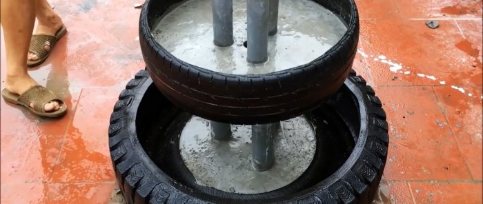 Cách làm đài phun nước sân vườn ba tầng từ lốp xe cũ