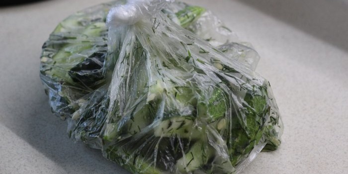 Hızlı çıtır hafif tuzlu salatalıklar bir torbada 2 saat bekletilir ve işiniz bitti