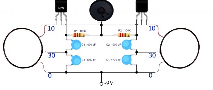Sådan laver du en Butterfly metaldetektor ved hjælp af kun 2 transistorer