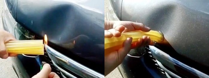 How to remove a dent on a car body with hot glue without painting