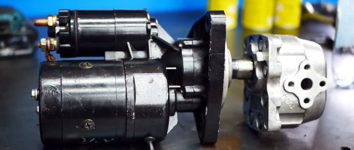 Hoe je een krachtige hydraulische aandrijving maakt van een starter en een oliepomp van een tractor
